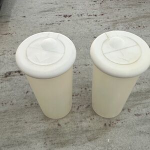 Vintage Tupperware One Touch Salt Pepper Shakers White Tops Sheer Base 1329 1328